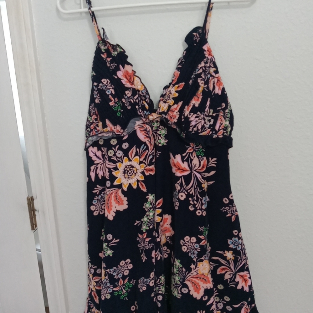 Free people corduroy floral romper sun dress with ruffles navy blue size medium - Picture 2 of 16